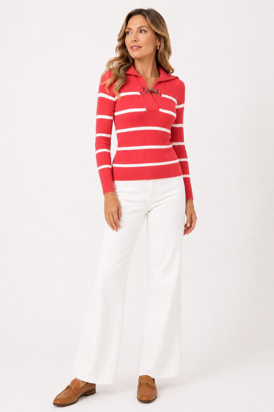 Lauren Ralph Lauren XS Red White Nautical Stripe Toggle Neck Cotton Sweater